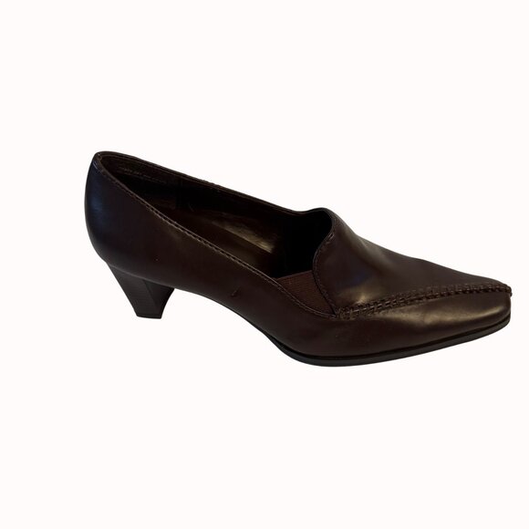 Apostrophe Brown Heeled Loafers 8.5M Pointed Square Toe Slip On Stitch Shoes - Picture 15 of 15
